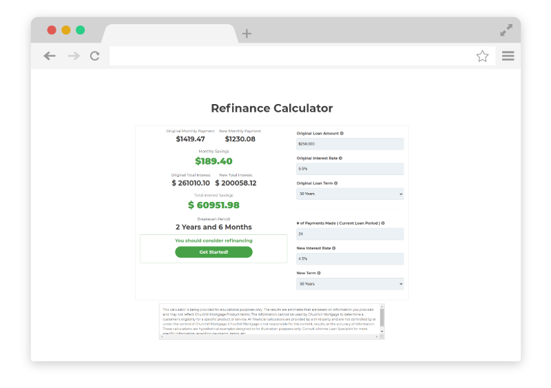 browser window mortgage refinance calculator